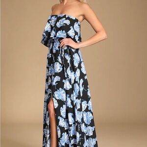 Lulu's Strapless Floral Maxi Dress - Black and Blue